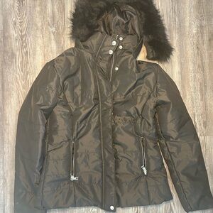 Ambiance Black Puffer Jacket with Faux Fur Trim